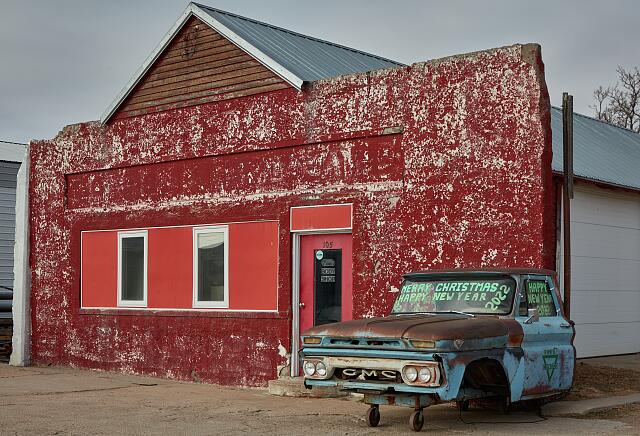 This old auto-body shop in Paxton, a village west of North Platte in southwest Nebraska, isn't fixing cars any more but someone's around to wish passersby a happy new year